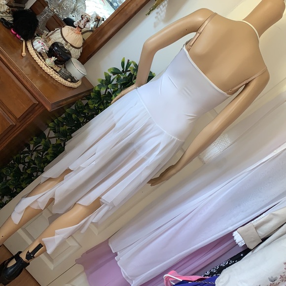 White spandex BALLET DANCE romper sheer shark bite hankie hem fairy costume S - Picture 13 of 17